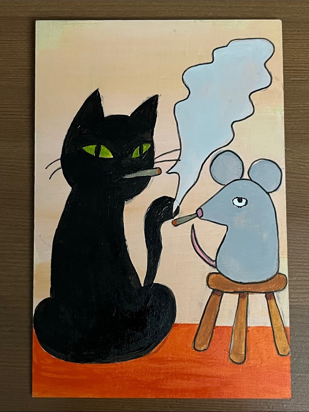 Painting- Black Cat & Mouse Smoking - Pets Cat Decor